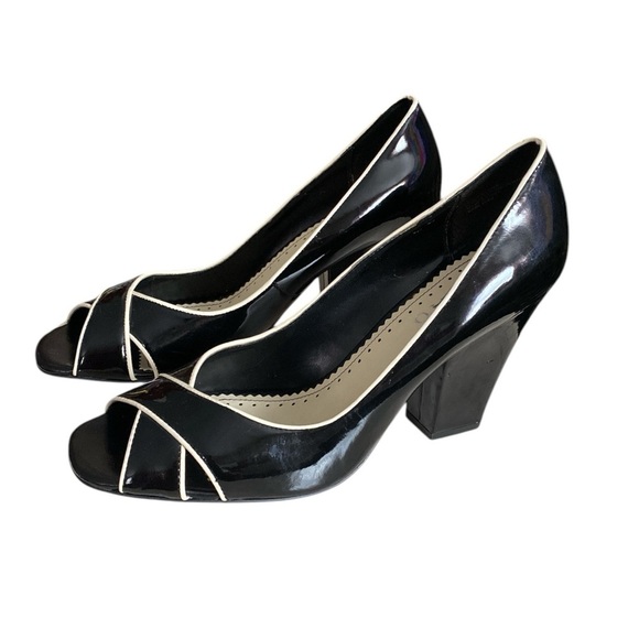 FRANCO SARTO Black Patent Leather White Trim Peep-toe Block Heel Pump Size 9.5M - Picture 4 of 8